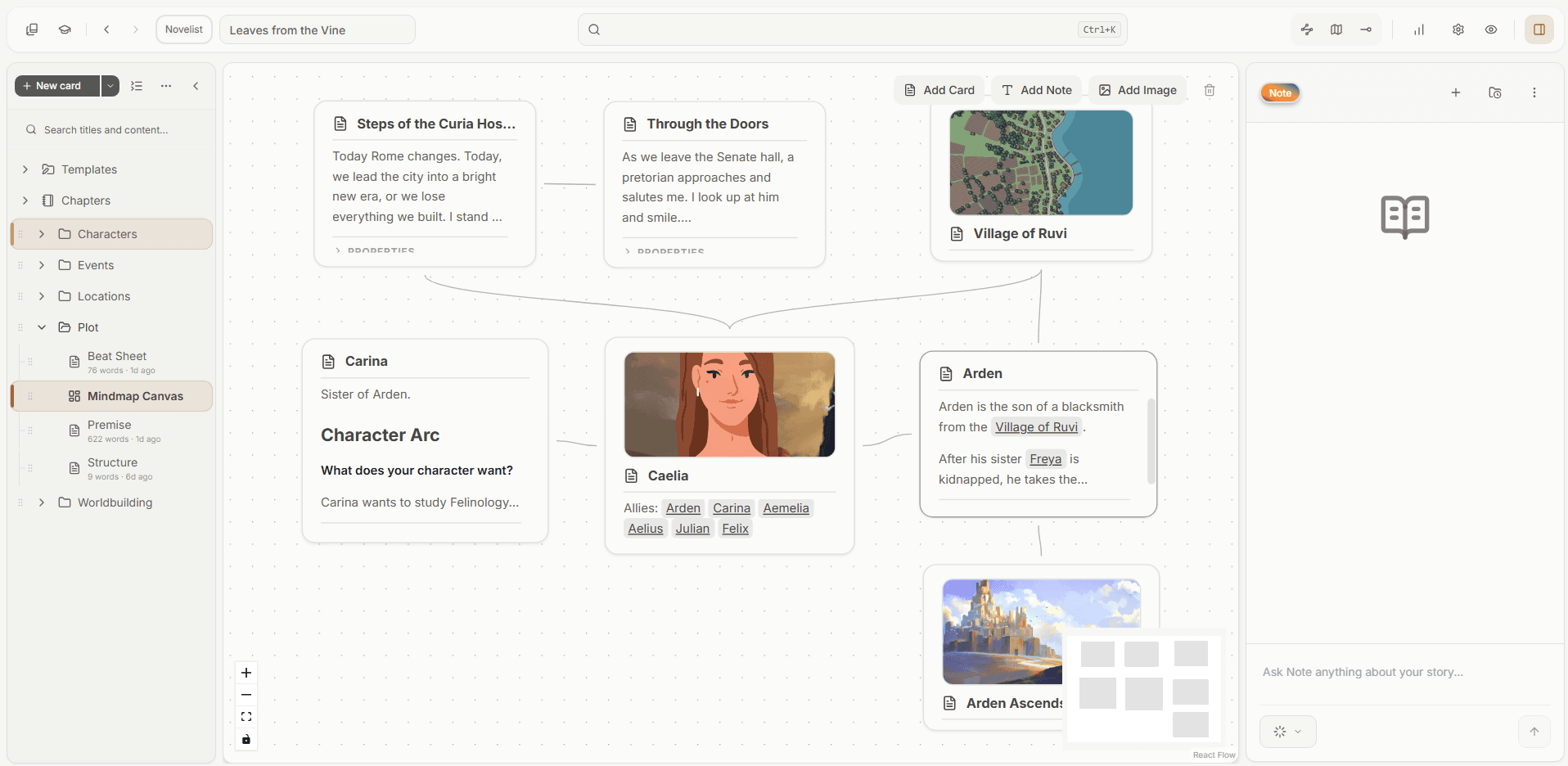 A storynote mind map connecting characters, places, and plot points